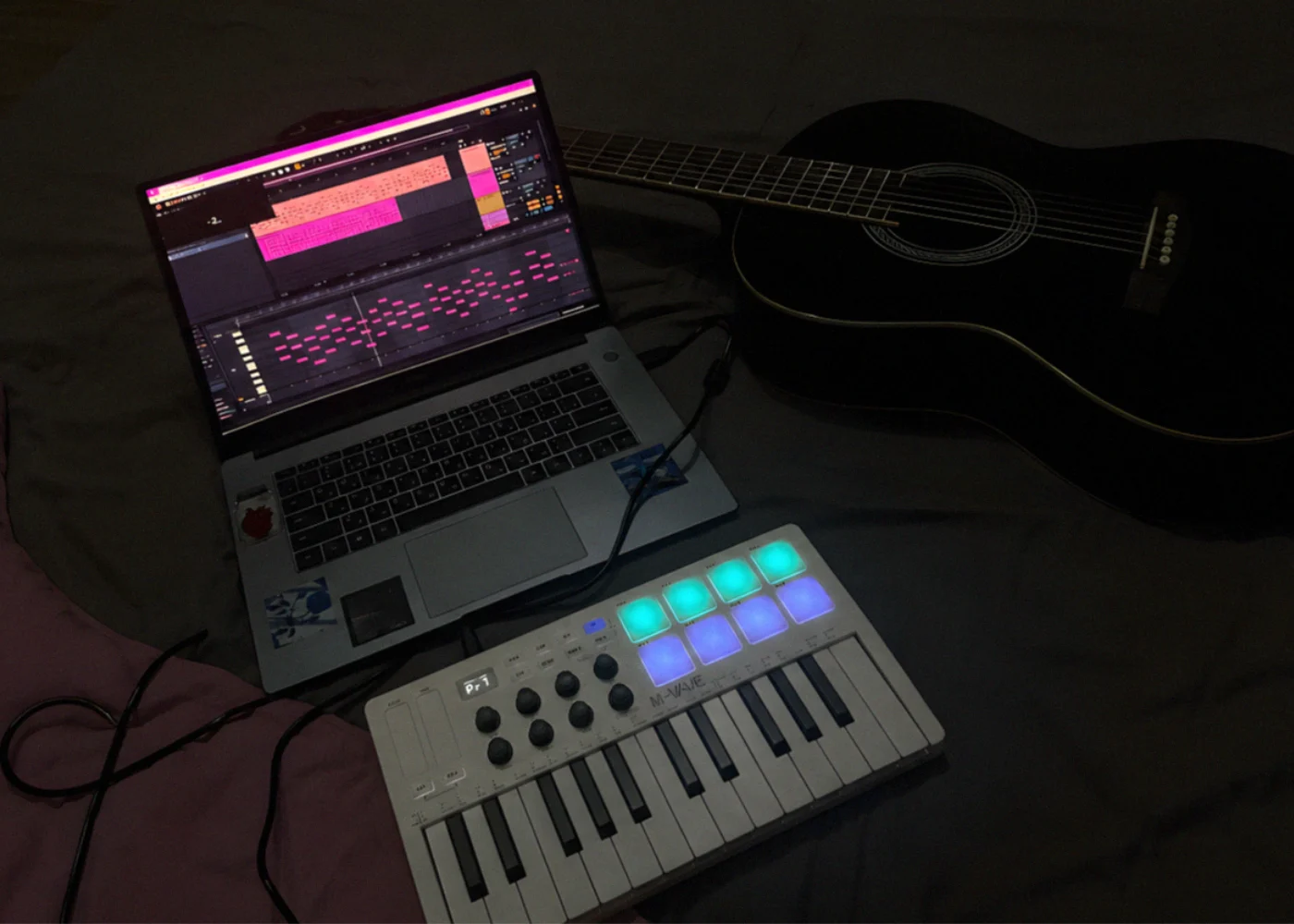 FHUGAWZ dark pop music production scene with cinematic studio texture
